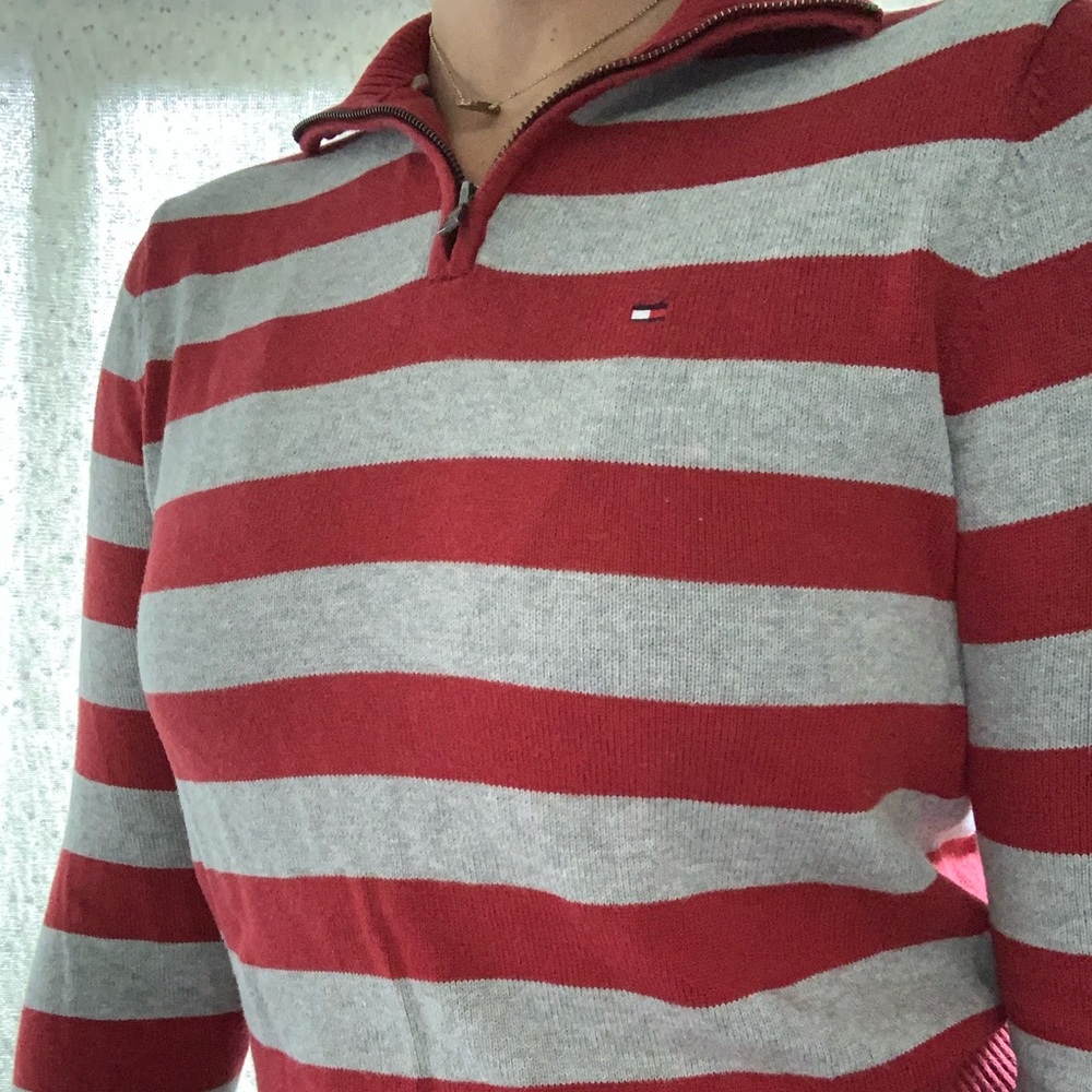 Tommy Hilfiger Zip Neck Stripped Red&Grey Sweater